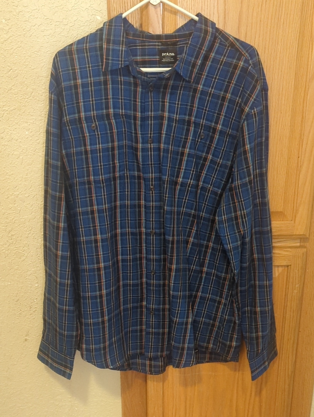 Prana Men’s Navy and Blue Plaid Button-Down Shirt